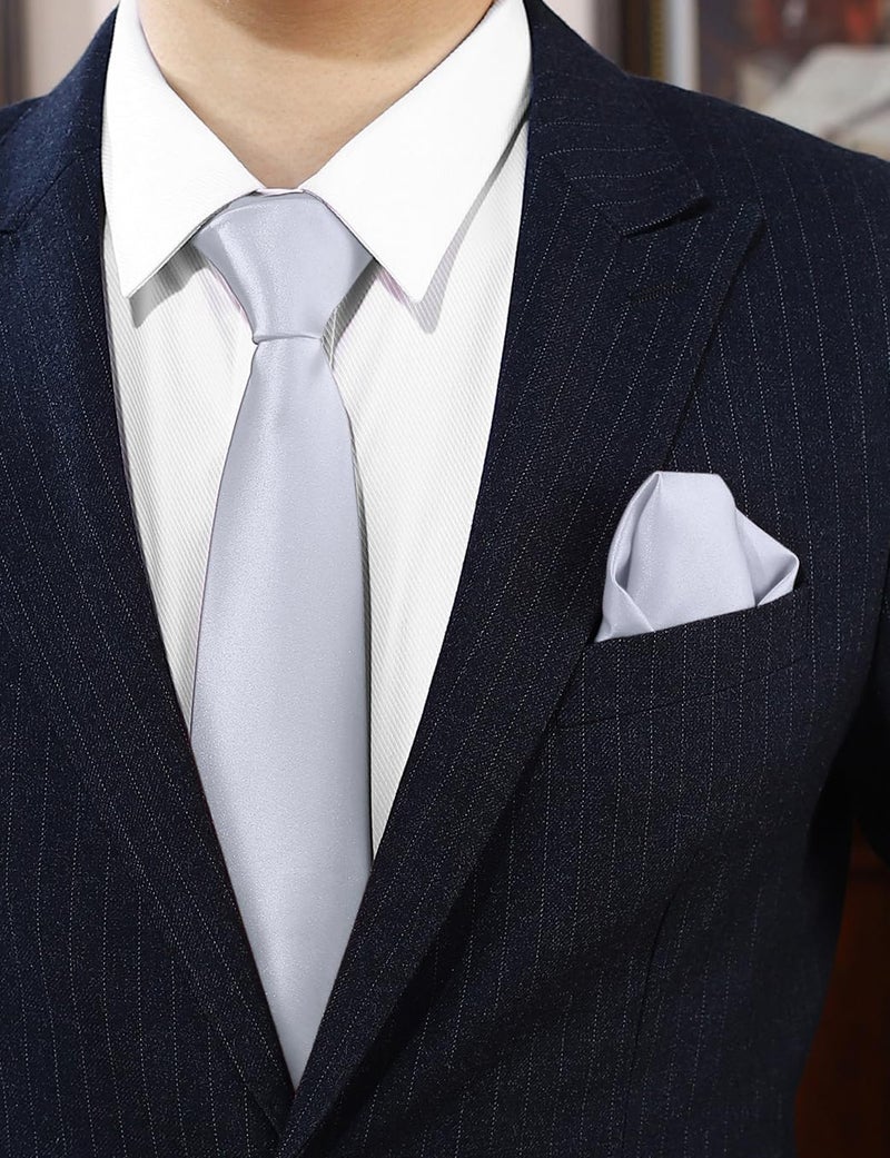 pensee Men's Tie Set Solid Pure Color 3.15" (8CM) Classic Formal Plain Necktie and Pocket Square Set For Men - Image 2